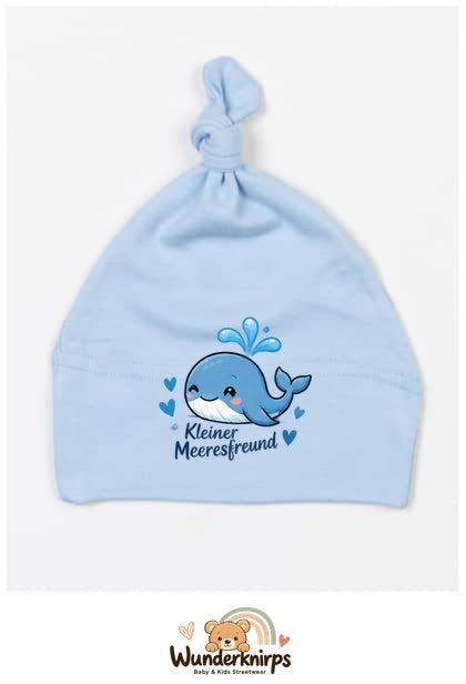 Knotenmütze Babybugz BZ15 in Staubblau mit Motiv Wal Kleiner Meeresfreund