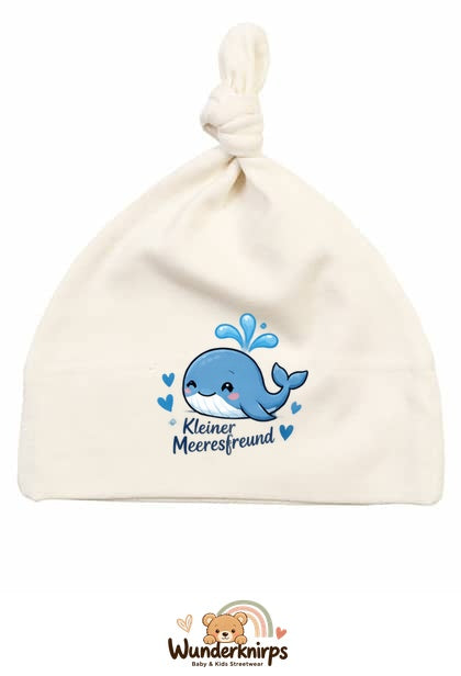 Knotenmütze Babybugz BZ15 in Natur mit Motiv Wal Kleiner Meeresfreund
