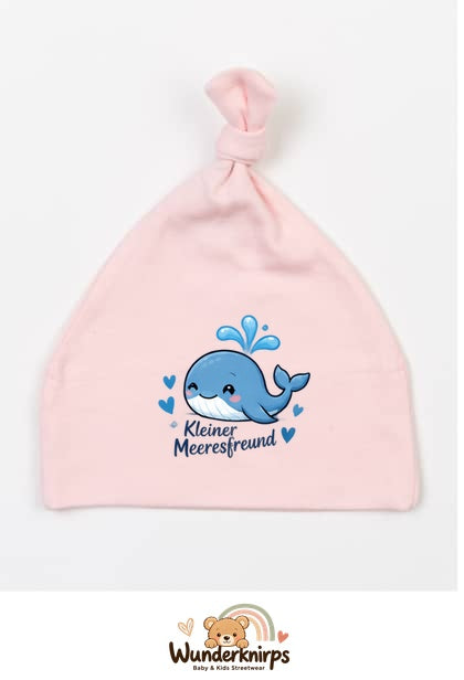 Knotenmütze Babybugz BZ15 in Pastellrosa mit Motiv Wal Kleiner Meeresfreund