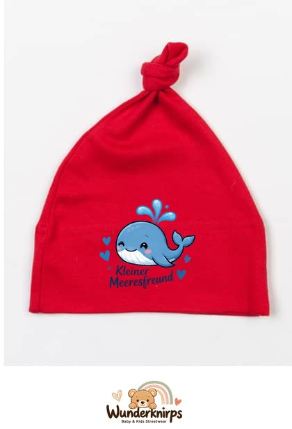 Knotenmütze Babybugz BZ15 in Rot mit Motiv Wal Kleiner Meeresfreund