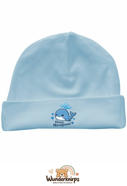 Umschlagmütze Rox-01 in Pastellblau mit Motiv Wal Kleiner Meeresfreund