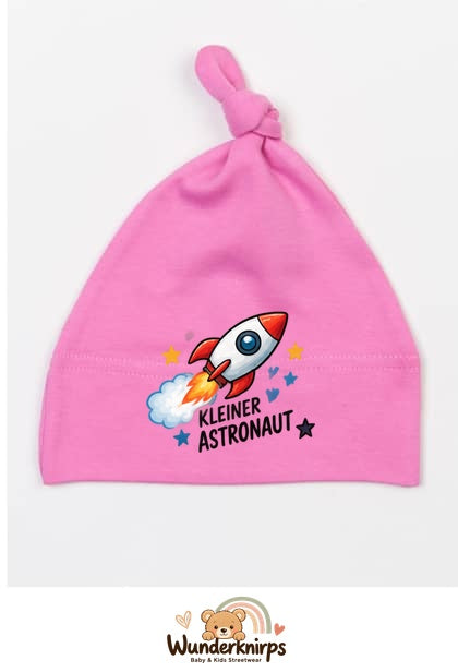 Knotenmütze Babybugz BZ15 in Bubblegum-Pink mit Motiv Rakete Kleiner Astronaut