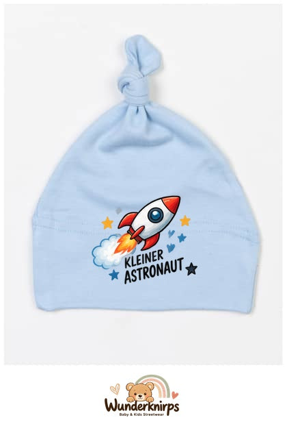 Knotenmütze Babybugz BZ15 in Staubblau mit Motiv Rakete Kleiner Astronaut