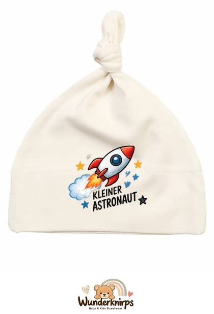 Knotenmütze Babybugz BZ15 in Natur mit Motiv Rakete Kleiner Astronaut