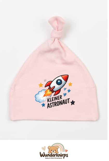 Knotenmütze Babybugz BZ15 in Pastellrosa mit Motiv Rakete Kleiner Astronaut