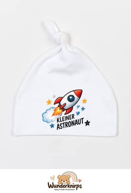 Knotenmütze Babybugz BZ15 in Weiß mit Motiv Rakete Kleiner Astronaut