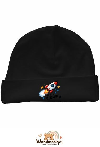 Umschlagmütze Rox-01 in Schwarz mit Motiv Rakete Kleiner Astronaut