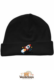 Umschlagmütze Rox-01 in Schwarz mit Motiv Rakete Kleiner Astronaut