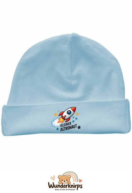Umschlagmütze Rox-01 in Pastellblau mit Motiv Rakete Kleiner Astronaut
