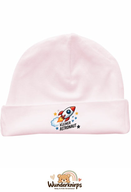 Umschlagmütze Rox-01 in Pastellrosa mit Motiv Rakete Kleiner Astronaut