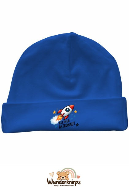 Umschlagmütze Rox-01 in Royalblau mit Motiv Rakete Kleiner Astronaut