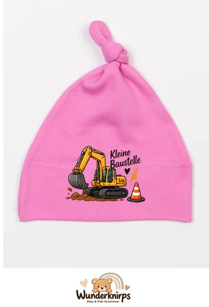 Knotenmütze Babybugz BZ15 in Bubblegum-Pink mit Motiv Bagger Kleine Baustelle