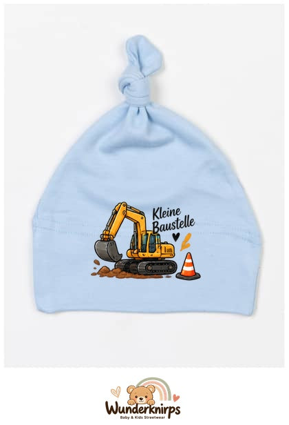 Knotenmütze Babybugz BZ15 in Staubblau mit Motiv Bagger Kleine Baustelle