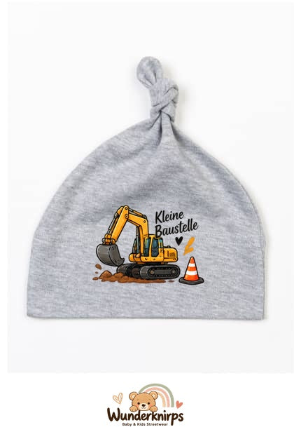 Knotenmütze Babybugz BZ15 in Grau meliert mit Motiv Bagger Kleine Baustelle