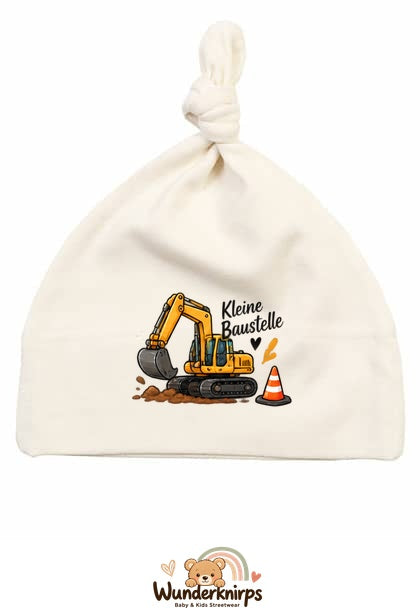 Knotenmütze Babybugz BZ15 in Natur mit Motiv Bagger Kleine Baustelle