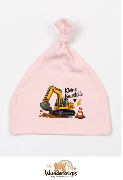 Knotenmütze Babybugz BZ15 in Pastellrosa mit Motiv Bagger Kleine Baustelle