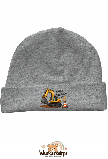 Umschlagmütze Rox-01 in Grau meliert mit Motiv Bagger Kleine Baustelle
