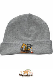 Umschlagmütze Rox-01 in Grau meliert mit Motiv Bagger Kleine Baustelle