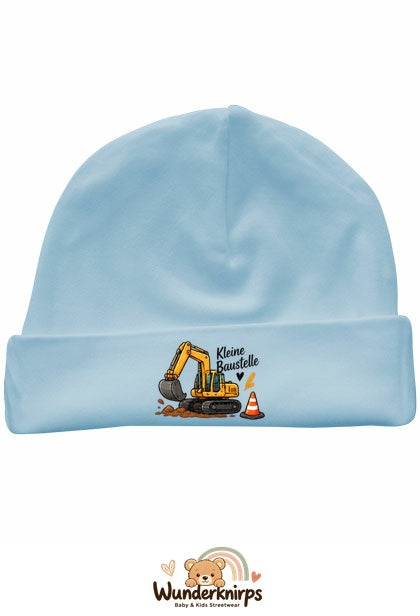 Umschlagmütze Rox-01 in Pastellblau mit Motiv Bagger Kleine Baustelle