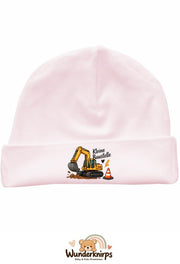 Umschlagmütze Rox-01 in Pastellrosa mit Motiv Bagger Kleine Baustelle