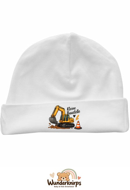 Umschlagmütze Rox-01 in Weiß mit Motiv Bagger Kleine Baustelle
