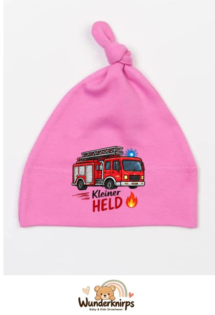 Knotenmütze Babybugz BZ15 in Bubblegum-Pink mit Motiv Feuerwehr Kleiner Held