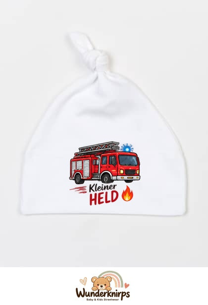 Knotenmütze Babybugz BZ15 in Weiß mit Motiv Feuerwehr Kleiner Held