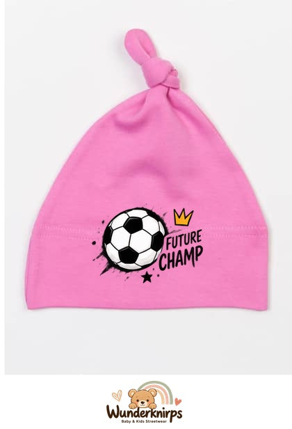 Knotenmütze Babybugz BZ15 in Bubblegum-Pink mit Motiv Fußball Future Champ