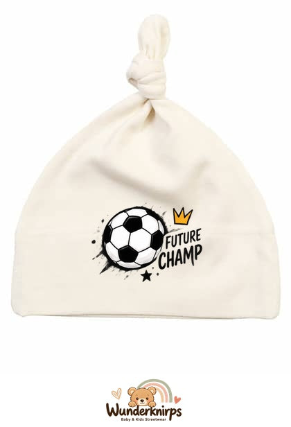 Knotenmütze Babybugz BZ15 in Natur mit Motiv Fußball Future Champ
