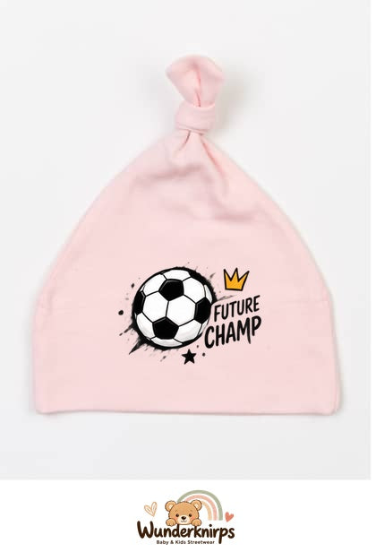 Knotenmütze Babybugz BZ15 in Pastellrosa mit Motiv Fußball Future Champ