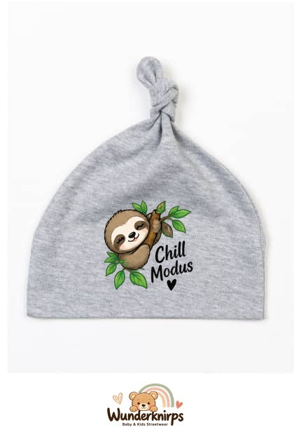 Knotenmütze Babybugz BZ15 in Grau meliert mit Motiv Faultier Chill-Modus