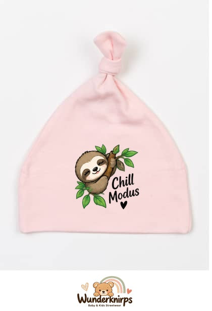 Knotenmütze Babybugz BZ15 in Pastellrosa mit Motiv Faultier Chill-Modus