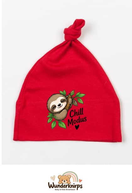 Knotenmütze Babybugz BZ15 in Rot mit Motiv Faultier Chill-Modus