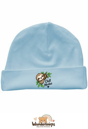Umschlagmütze Rox-01 in Pastellblau mit Motiv Faultier Chill-Modus