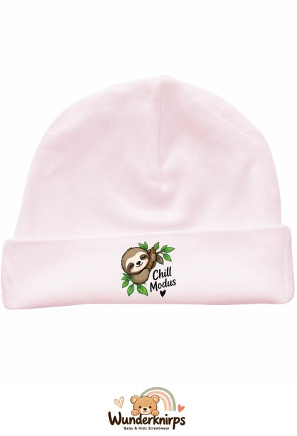 Umschlagmütze Rox-01 in Pastellrosa mit Motiv Faultier Chill-Modus