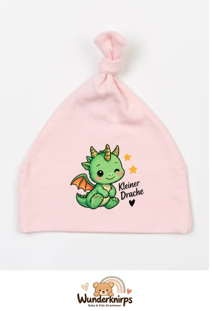 Knotenmütze Babybugz BZ15 in Pastellrosa mit Motiv Kleiner Drache