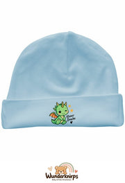 Umschlagmütze Rox-01 in Pastellblau mit Motiv Kleiner Drache