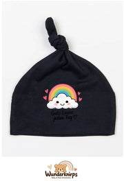 Knotenmütze Babybugz BZ15 in Schwarz mit Motiv Regenbogen Gute Laune jeden Tag