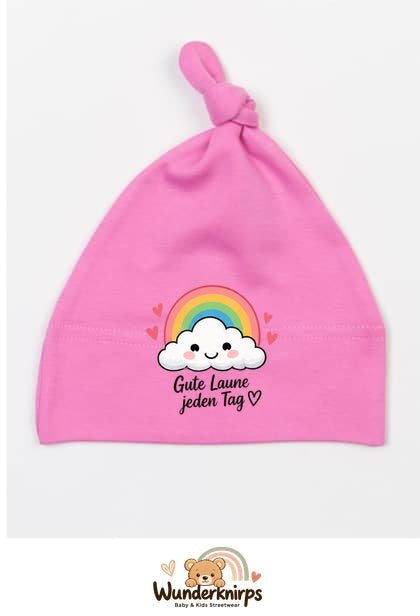 Knotenmütze Babybugz BZ15 in Bubblegum-Pink mit Motiv Regenbogen Gute Laune jeden Tag
