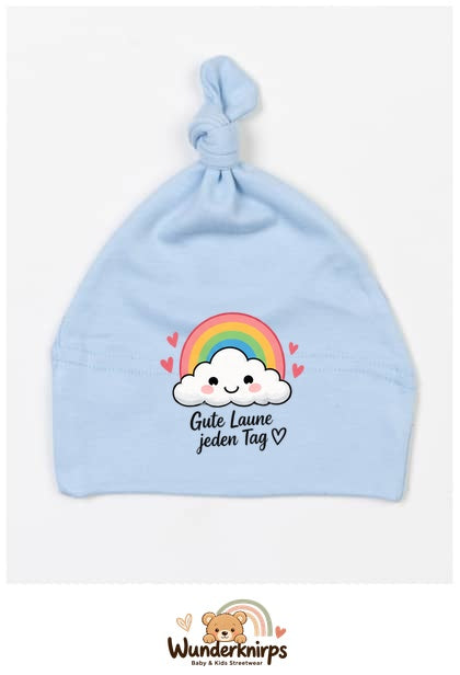 Knotenmütze Babybugz BZ15 in Staubblau mit Motiv Regenbogen Gute Laune jeden Tag
