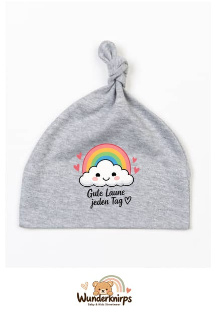 Knotenmütze Babybugz BZ15 in Grau meliert mit Motiv Regenbogen Gute Laune jeden Tag