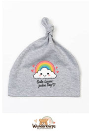 Knotenmütze Babybugz BZ15 in Grau meliert mit Motiv Regenbogen Gute Laune jeden Tag