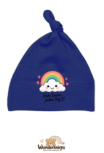 Knotenmütze Babybugz BZ15 in Marineblau mit Motiv Regenbogen Gute Laune jeden Tag