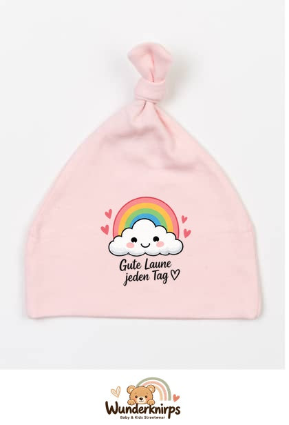 Knotenmütze Babybugz BZ15 in Pastellrosa mit Motiv Regenbogen Gute Laune jeden Tag