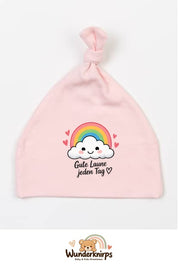 Knotenmütze Babybugz BZ15 in Pastellrosa mit Motiv Regenbogen Gute Laune jeden Tag