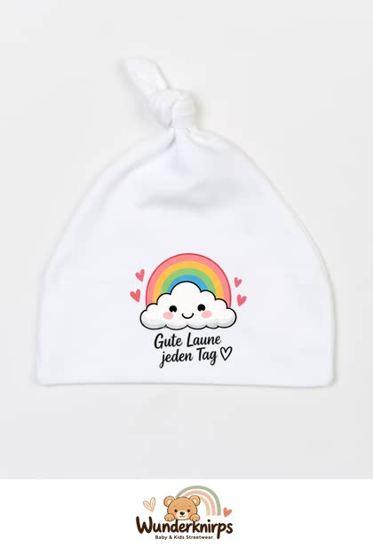 Knotenmütze Babybugz BZ15 in Weiß mit Motiv Regenbogen Gute Laune jeden Tag