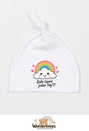 Knotenmütze Babybugz BZ15 in Weiß mit Motiv Regenbogen Gute Laune jeden Tag