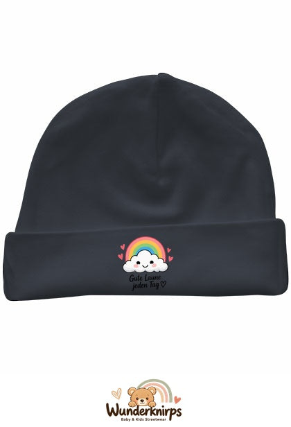 Umschlagmütze Rox-01 in Anthrazit mit Motiv Regenbogen Gute Laune jeden Tag