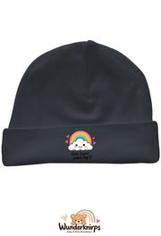 Umschlagmütze Rox-01 in Anthrazit mit Motiv Regenbogen Gute Laune jeden Tag