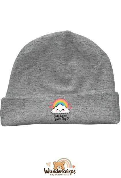 Umschlagmütze Rox-01 in Grau meliert mit Motiv Regenbogen Gute Laune jeden Tag